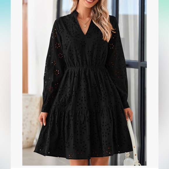 ☀️Black Eyelet hollow out Long Sleeve Dress - Picture 2 of 8